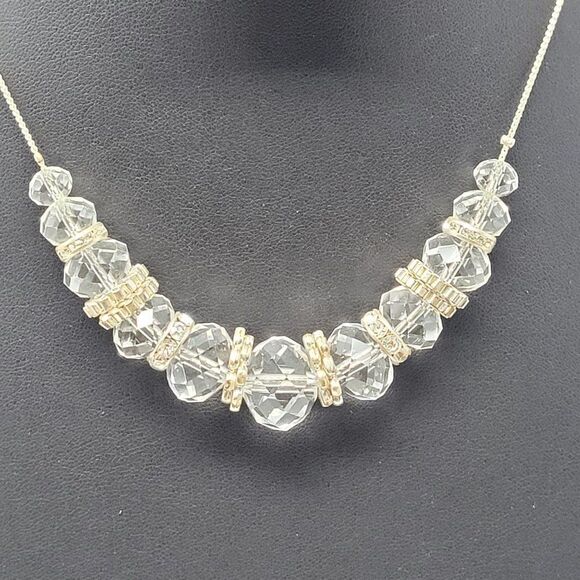 Silver Tone Chain Floating Crystal Rhinestone Washer Opera Necklace Cocktail - Picture 13 of 14